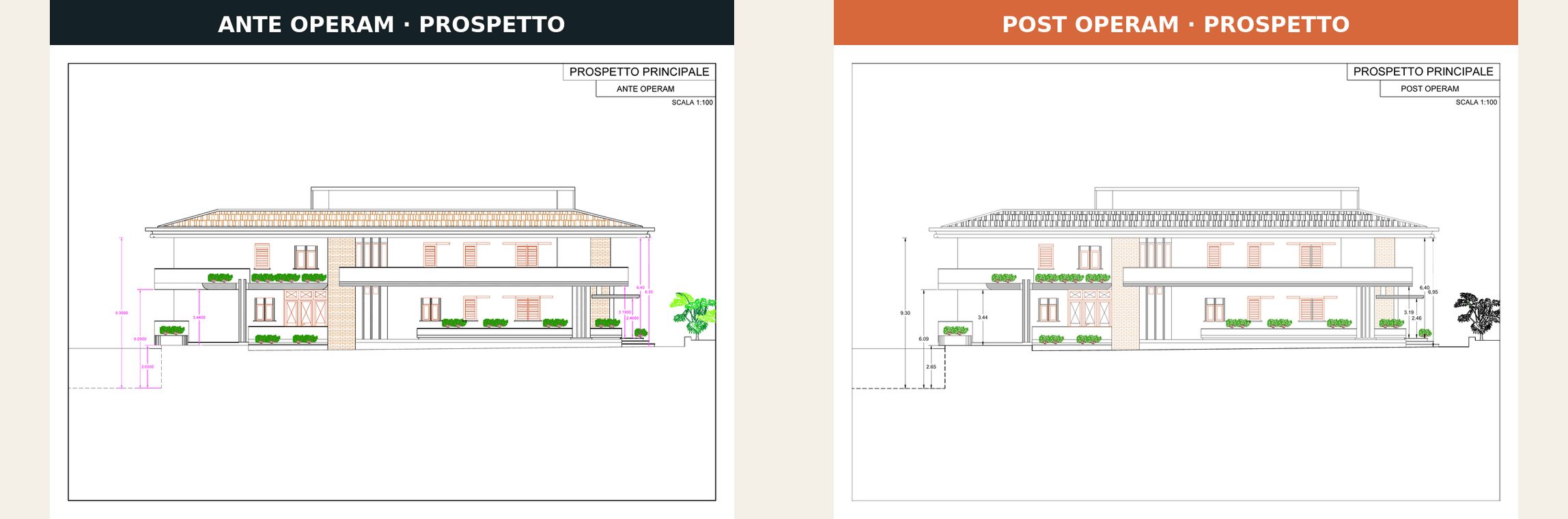 Prospetto principale del Condominio Diglio prima e dopo i lavori Superbonus