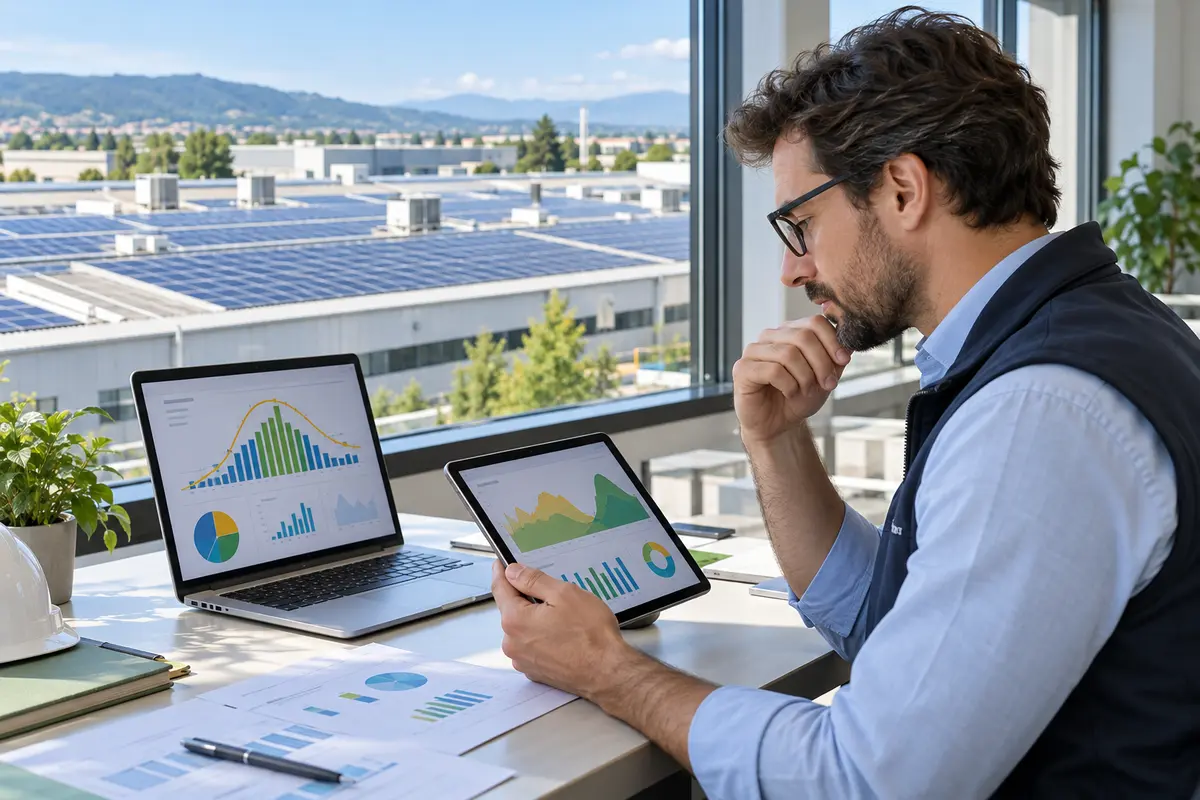 Tecnico energetico analizza consumi F1 F2 F3 e produzione fotovoltaica aziendale