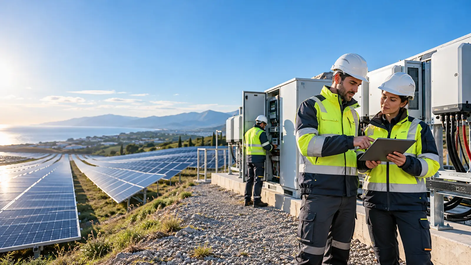 Tecnici FDGL durante un intervento di revamping fotovoltaico su un grande impianto